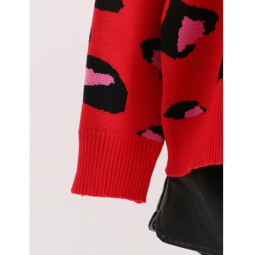Red Pink Animal Print Button Down V-Neck Knit Cardigan - Picture 6 of 8
